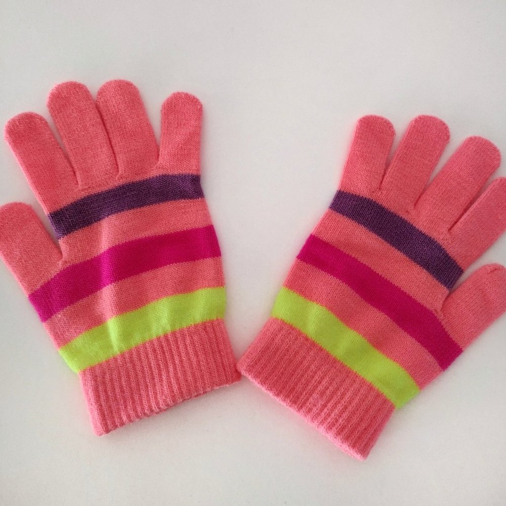 Pink Colorblock Striped Soft Knit Mittens